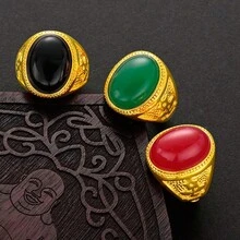 1枚復古楕圓形紅色/綠色/黑色立方氧化鋯金色男子豪華戒指，適用於派對聚會和時尚配飾 - 橢圓形金色戒指 - 查看 2