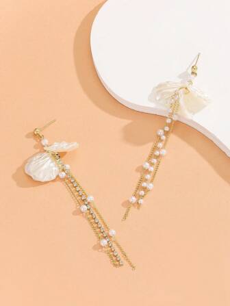 1 Pair Elegant Silver Needle Pearl White Shell Shaped Petals Inlaid Rhinestone Long Tassels Dangle Earrings  Summer Little Fresh For Banquet Prom Summer Vacation Travel Beach Party