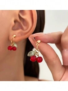 1 pieza Collar de diseño minimalista de oro amarillo y cereza roja de lujo para mujeres, aretes y pendientes de moda, adecuados para uso diario - Amarillo Oro - Ver 3