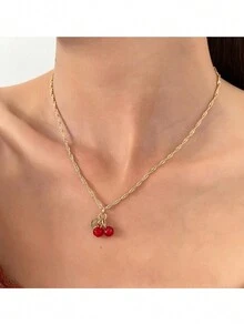 1 pieza Collar de diseño minimalista de oro amarillo y cereza roja de lujo para mujeres, aretes y pendientes de moda, adecuados para uso diario - Amarillo Oro - Ver 2
