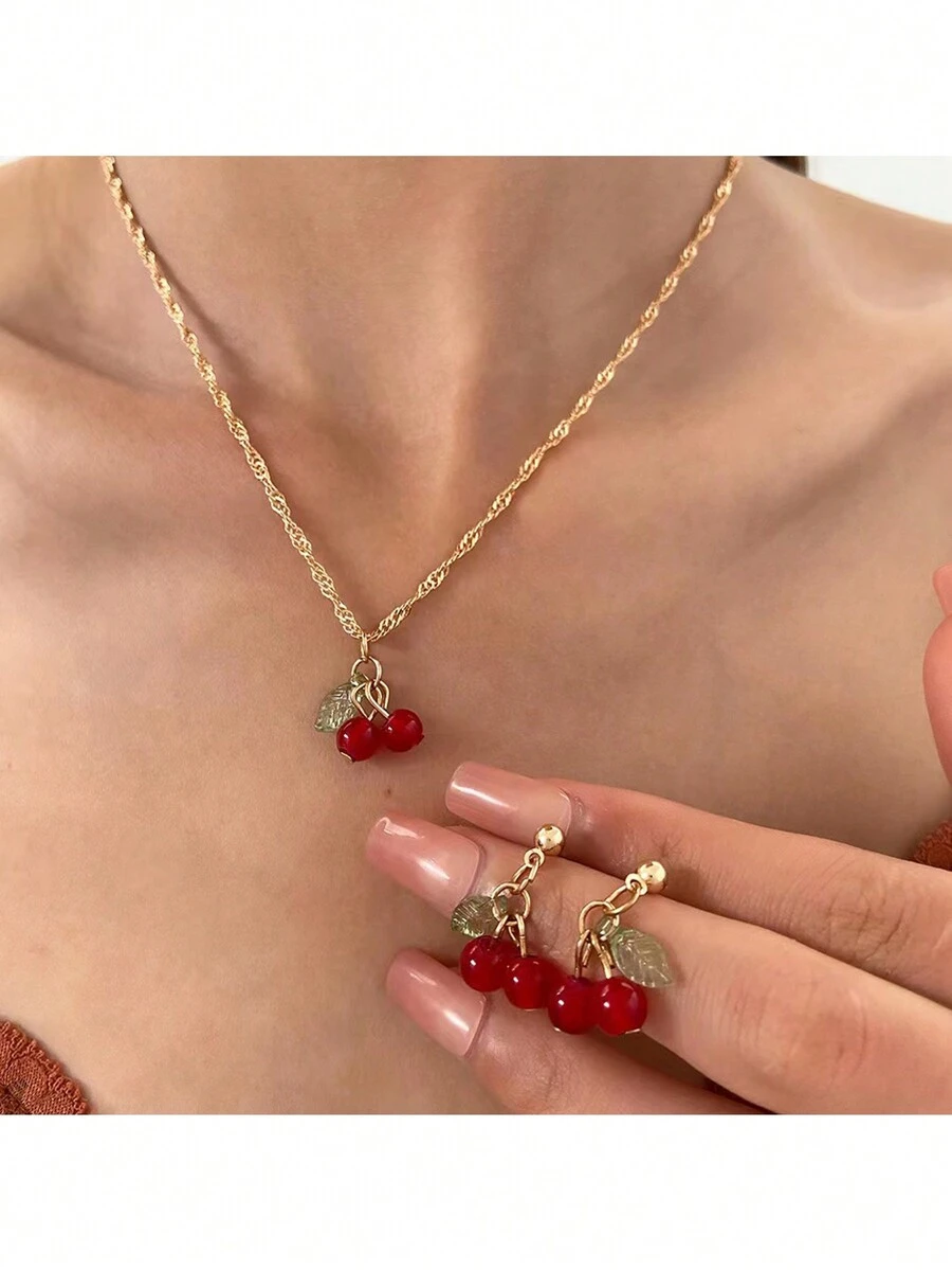 1 pieza Collar de diseño minimalista de oro amarillo y cereza roja de lujo para mujeres, aretes y pendientes de moda, adecuados para uso diario - Amarillo Oro - Ver 1