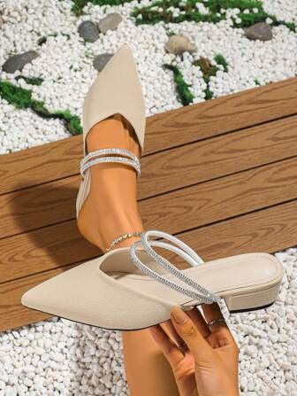 Women Fashionable Slip-On Sandals With Rhinestone Strap And Chunky Heels, Can Be Worn Inside And Outside