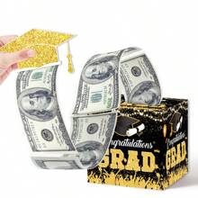 Graduation Money Box For Cash Gift Pull Surprise Money Gift Box Black And Gold Money Roll Gift Box With Pull Out Graduation Card And 30Pcs Transparent Bags For Graduation Gift Party Supplies - Black Gold - View 1