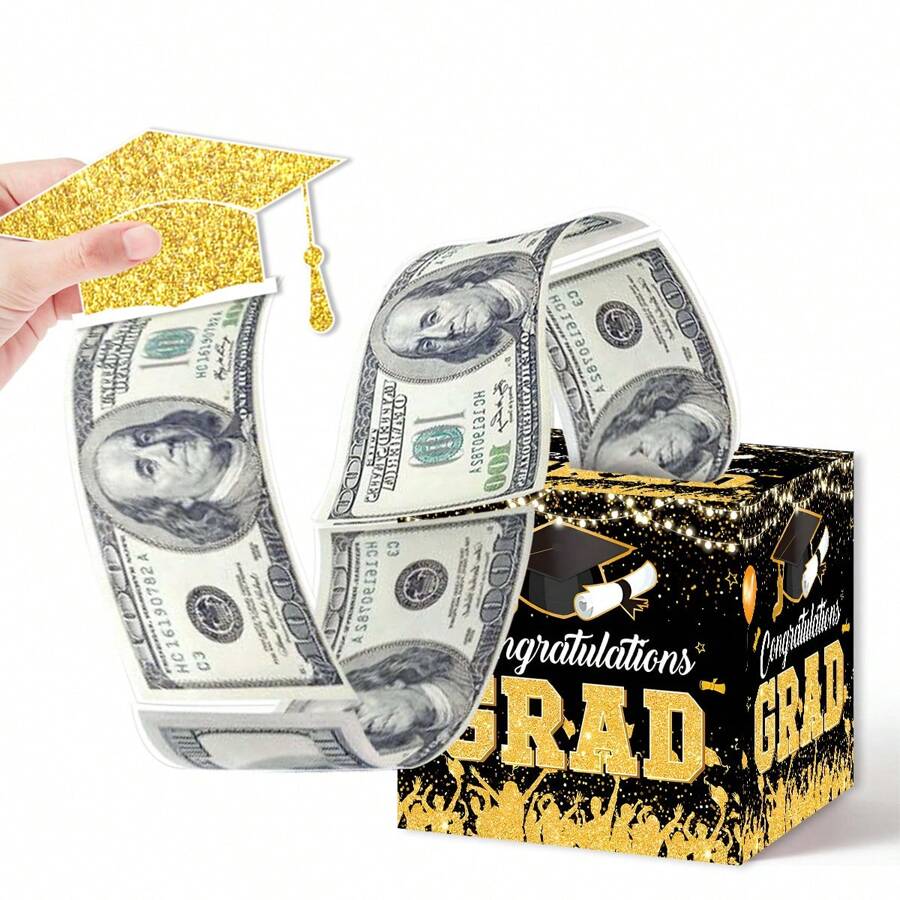 Graduation Money Box For Cash Gift Pull Surprise Money Gift Box Black And Gold Money Roll Gift Box With Pull Out Graduation Card And 30Pcs Transparent Bags For Graduation Gift Party Supplies - Black Gold - View 1