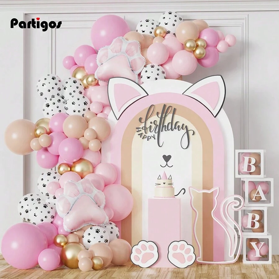 Bộ 91 quả bóng bay chủ đề mèo Meow, vòng hoa, vòm, bóng bay lá kim hình bàn chân mèo màu hồng, hoàn hảo cho tiệc sinh nhật một tuổi, bóng bay trang trí chủ đề mèo mừng sinh nhật, Giáng sinh - Hồng - Xem 1