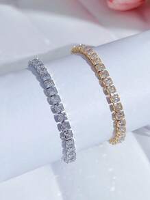 SEQUITO 1pc Temperament Women Wrist Jewelry Silver Plated Golden Full Pave Setting Square Cut AAAAA Cubic Zirconia Prom Party Charming Charm Bracelet - 20.2 cm - View 12