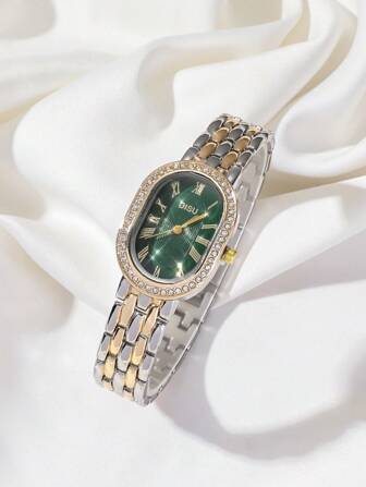 DISU 1 pieza Reloj de mujer con esfera ovalada, correa de acero inoxidable de dos tonos, estilo clásico de negocios, cuarzo, con cristales, apto para uso diario