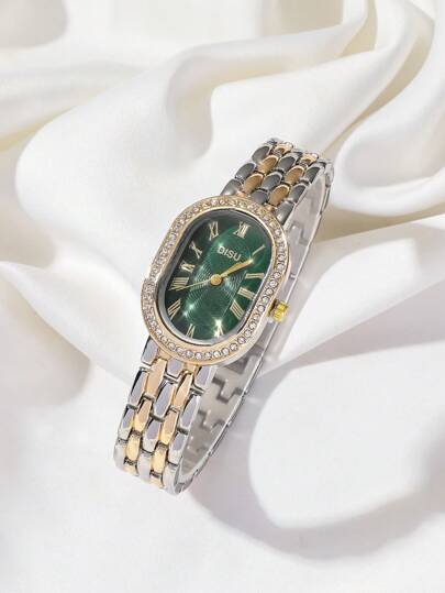 DISU ساعة يد نسائية بإطار بيضاوي ذات لونين من الستانلس ستيل مطلي كلاسيكية للأعمال تعمل بالكوارتز مزينة بالراين ستون، مناسبة للاستخدام اليومي، قطعة واحدة