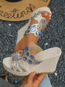 Ladies Peacock Pattern Rhinestone Embellished Wedge Heel Sandals, Suitable For Outdoor Wear, Fashionable And Elegant - Blue - View 2