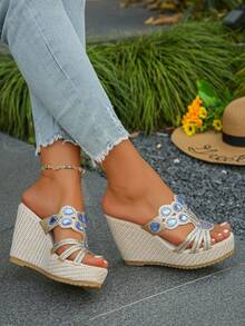 Ladies Peacock Pattern Rhinestone Embellished Wedge Heel Sandals, Suitable For Outdoor Wear, Fashionable And Elegant - Blue - View 1