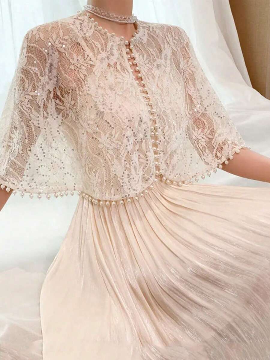 Elegante 1 peça xale vazado de pérolas e rendas, saída de praia de malha, bolero estilo vintage para vestido de festa dia dos namorados