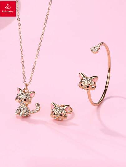 Conjunto de 1 collar + 1 pulsera + 1 anillo para niñas, joyería de aleación de zinc con forma de gato rosa lindo con diamante acrílico transparente y chapado en oro, adecuado para uso diario
