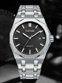 PINTIME 12-Sided Stainless Steel Strap Men's Quartz Watch, Water Resistant, Night Light, Fashion Business Calendar Wristwatch (Includes 1 Watch Pin Punch As Gift) - Silver - View 8