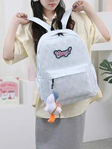 Multi-Pocket College Style School Bag With Lettering And Cute Charms, Perfect For Commuting And School - Blue - View 4