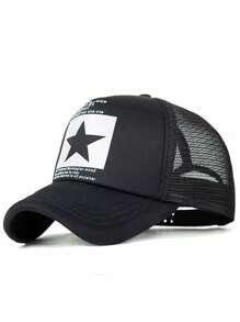 Adjustable 5-Pointed Star Print Baseball Cap For Men And Women, Ponytail Hat Street - Black and White - View 3