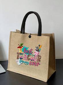 Presente para o dia do Professor, Bolsa de Lona com Letras para Professor, Bolsa de Mão de Lona para Professor, Bolsa Grande com Capacidade de Lona de Juta para Praia, Viagens, Eventos Casuais, Bolsa de Mão de Moda Grande com Capacidade para Compras Reutilizáveis - Caqui - Visão 1