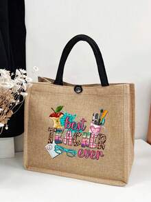 Presente para o dia do Professor, Bolsa de Lona com Letras para Professor, Bolsa de Mão de Lona para Professor, Bolsa Grande com Capacidade de Lona de Juta para Praia, Viagens, Eventos Casuais, Bolsa de Mão de Moda Grande com Capacidade para Compras Reutilizáveis - Caqui - Visão 5