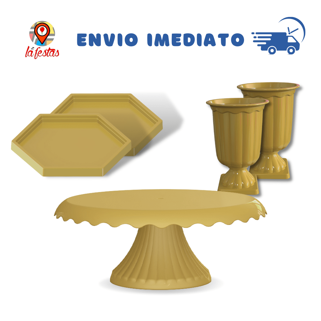 Kit Festa 1 Boleira Cake Renda 22CM + 2 Mini sextavada + 2 Vasos Grego - (+14 Cores) COR:Dourado