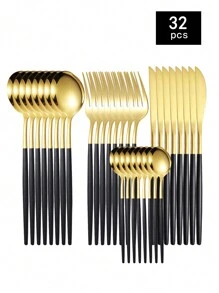 4件/16件/24件/32件不锈钢餐具套装，刀叉勺套装，适用于家庭厨房、餐厅、酒店厨具套装、学校用品 - 金+黑 - 查看 17