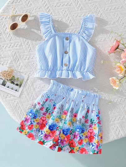 Conjunto de top de tanque elegante para niña joven con diseño de botones con estampado de flores y shorts elásticos, adecuado para vacaciones y viajes en primavera y verano