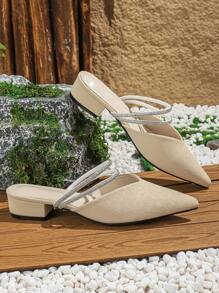 Sandálias Femininas Elegantes Slip-On Com Tira de Strass e Salto Grosso, Podem Ser Usadas Dentro e Fora - Caqui - Ver 2