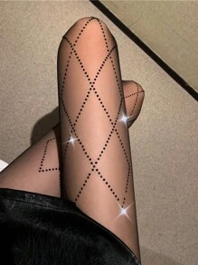 1pc Women Rhombus Rhinestone Skinny Tights, Simple & Fashionable For Everyday Use