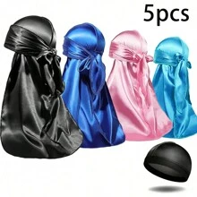 4pcs Men's Durag Cap With 2 Straps, Silky Comfortable Outdoor Breathable Casual Pirate Cap + 1pc Men's Wave Cap, Sporty Breathable Elastic Head Cap For Outdoor Activities Pirate Hat Pirate Costume