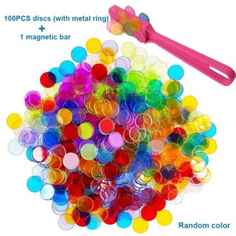 100pcs Colored Transparent Bingo Chips Game Tokens With Colors & Magnetic Wand For Early Education
