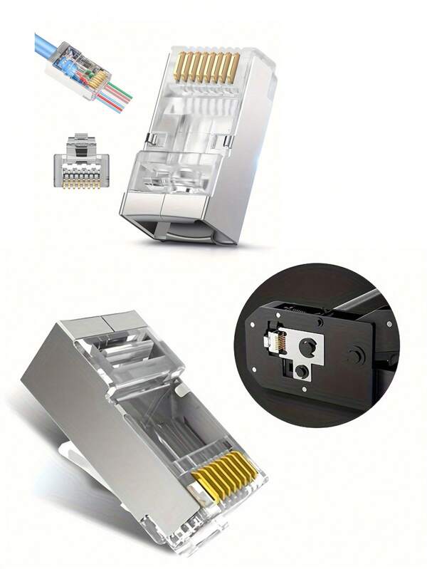 Shielded RJ45 Cat6 Cat6e Pass Through Connectors - 3 Prong 8P8C Golden Plated Ethernet Ends For FTP/STP Network Cable & Solid Wire