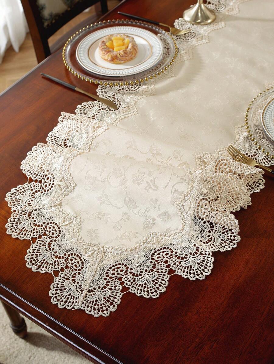 ABEST6522 Home&Living store 100% Polyester Fabric Delicate Water-Soluble Embroidery Hollow Lace Tablecloth Runner, Home Decor, Holiday Decoration, Indoor Outdoor Party Wedding Decorations, 1pc - Champagne - View 1