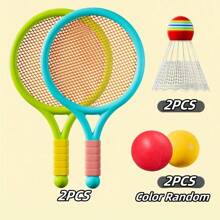 2pcs/Set Badminton Rackets + 2pcs Shuttlecocks + 2pcs Rubber Balls, Blue + Green Racket Sets For Indoor Outdoor Sports Games, Parties And Activities - Multicolor - View 1