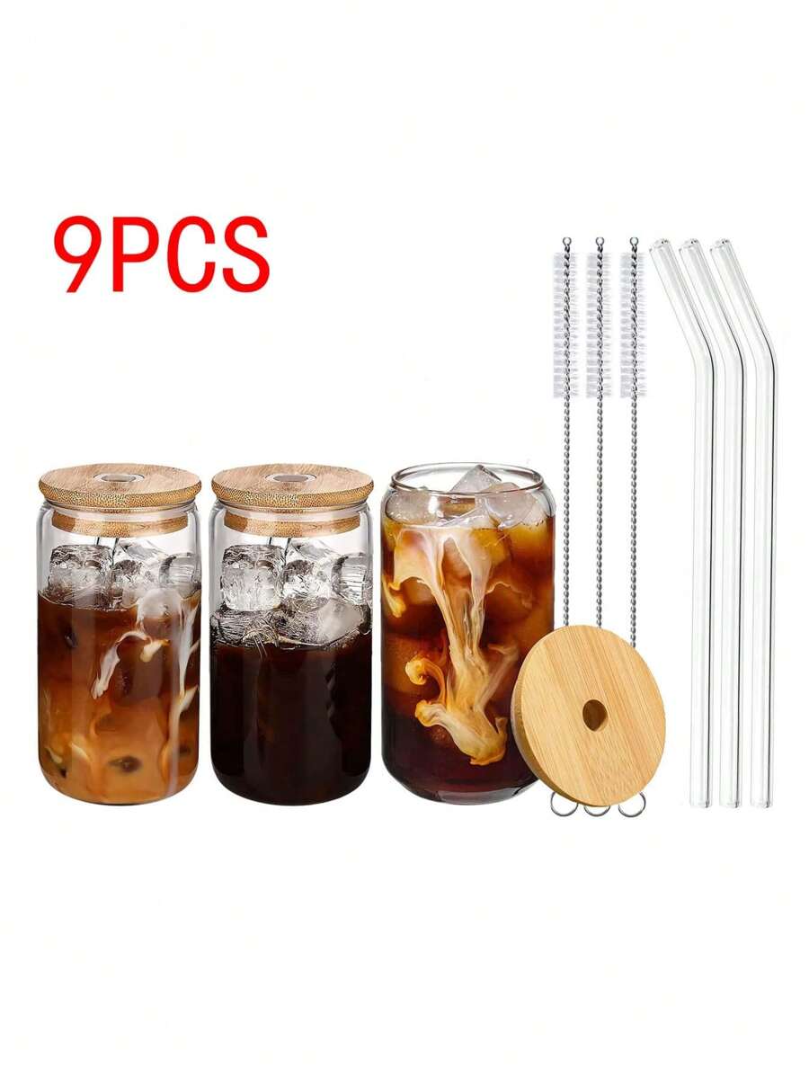 9pcs Mason Jar Glasses For Juice/Cold Brew Coffee, 550ml Glass Tumbler With Straw For Beverages/Cold Drinks