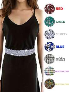 1pc Ladies' Casual Stretchable Red Rhinestone Decor Adjustable Wide Pu Belt, Suitable For Party Dress Match - Red - View 10