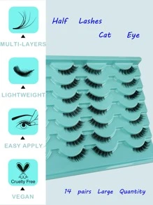 14pairs Natural Soft Reusable False Eyelashes For Daily And Party Makeup, Suitable For Cat-Eye And D-Curl Strip Lashes, Lashes, Eyelashes, Fake Lashes - Black - View 5