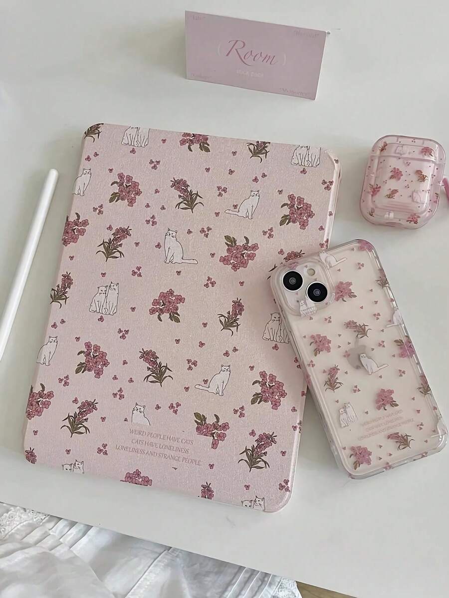 Drăguț de desene animate cu model de pisică și flori, cu rotație de 360 de grade, husă pentru tabletă din acrilic cu suport pentru stilou, funcție anti-cădere, somn/trezire, compatibilă cu Huawei iPad - Multicolor - Vizualizare 1