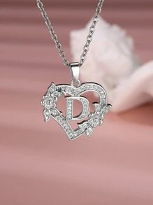 Tsnamer 1 pieza Exquisito collar con inicial de circonita cúbica con corazón tallado, 26 letras de la A a la Z y collar con flor para mujeres, decoración diaria
