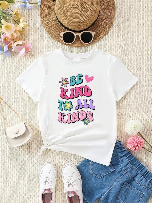 Tween Girl Slogan & Floral Print Tee For Summer