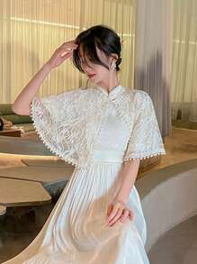 Elegante 1 peça xale vazado de pérolas e rendas, saída de praia de malha, bolero estilo vintage para vestido de festa dia dos namorados