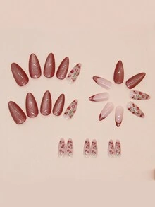 Medium Almond Shaped Red French Nails With Cherry Glossy Finish And Gradient Effect For Women, Press-On Type With Glue Sticker & Nail File (24pcs) + Gift: 1 Jelly Gel & 1 Nail File, Glossy And Perfect Fitting. - Multicolor - View 2