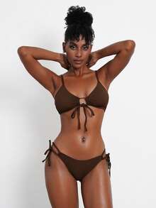 Summer New Sexy Solid Color 2-Piece Bikini Set With Adjustable Shoulder Straps And Tie Closure Beach Swimsuit For Women - Coffee Brown - View 2