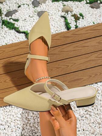 Women Closed Toe Mules With Chunky Heels, Pointed Toe And French Style, Worn Outside In Summer
