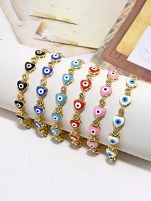 1入簡約時尚可調節手鐲，鑲嵌心形＆油滴形＆魔眼形吊墜 - 眼睛 - 查看 1