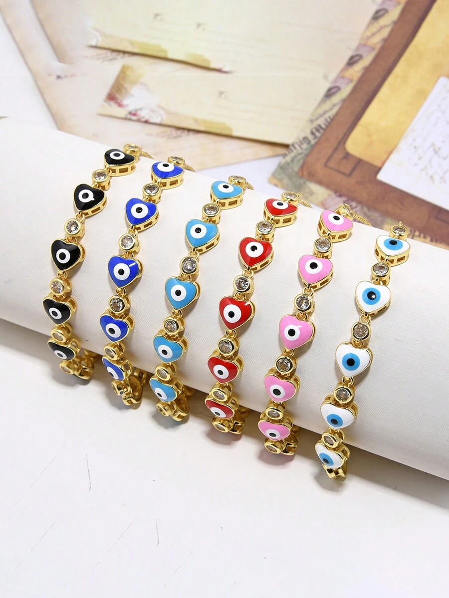 1入簡約時尚可調節手鐲，鑲嵌心形＆油滴形＆魔眼形吊墜 - 眼睛 - 查看 1