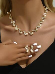 Pearl Necklace & Earrings Set, Bridal Dress Accessory, Fashionable Alloy Jewelry 2pcs/Set - Gold - View 3