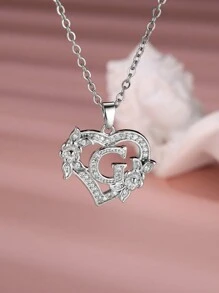 Tsnamer 1 pieza Exquisito collar con inicial de circonita cúbica con corazón tallado, 26 letras de la A a la Z y collar con flor para mujeres, decoración diaria