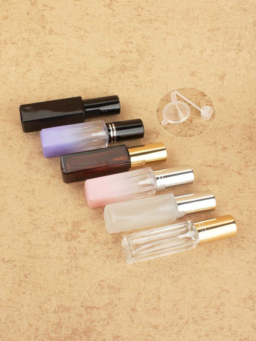 3pcs/6pcs/12pcs/18pcs 10ml Square Glass Refillable Makeup Toner Perfume Small Sample Transparent Fine Mist Spray Bottle, Black/Amber, With Funnel Atomizer, Rose Gold/Purple/Pink