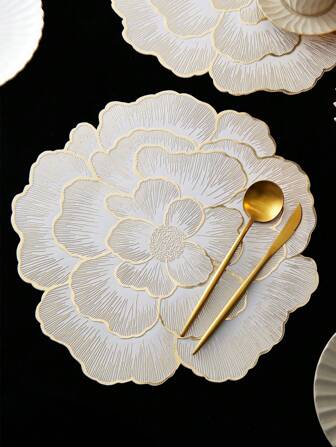1pc Asymmetrical Shape Peony Pattern PVC Placemat With Hot Stamping Gold And Silver, Waterproof, Heat Resistant And Washable, For Home, Festival, Picnic, Wedding And Party Dining