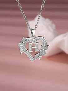 Tsnamer 1 pieza Exquisito collar con inicial de circonita cúbica con corazón tallado, 26 letras de la A a la Z y collar con flor para mujeres, decoración diaria