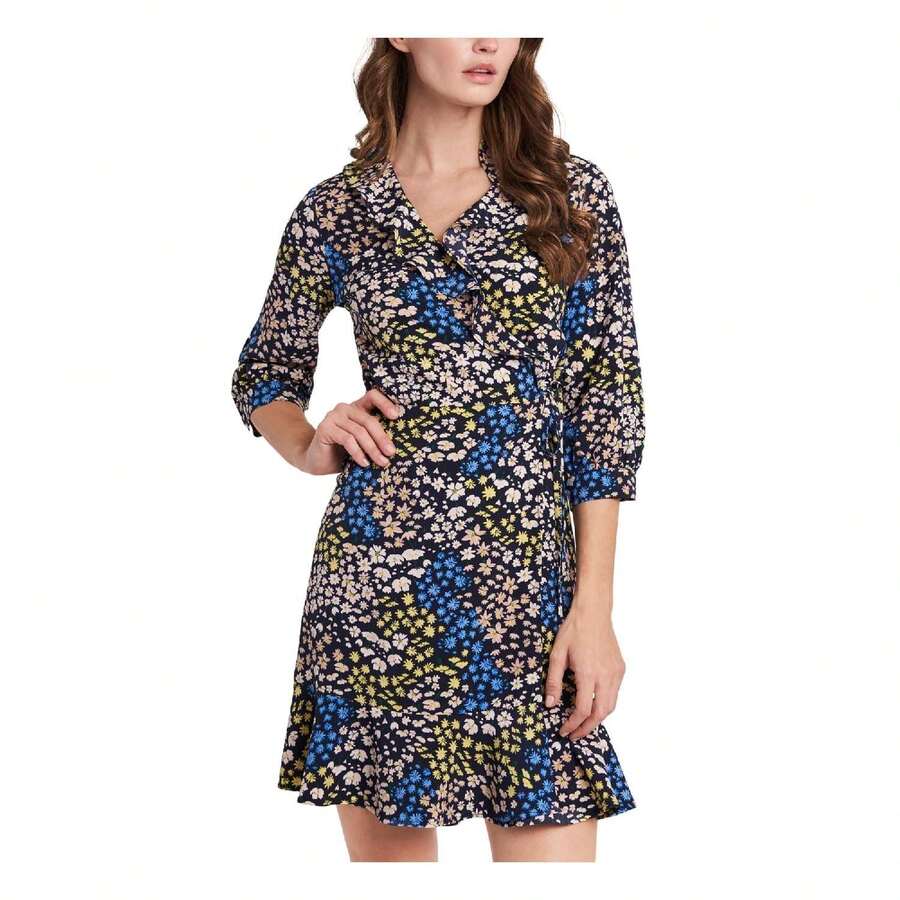 Riley & Rae Women's Ruffled Tie Floral 3/4 Sleeve Surplice Neckline Short Party Wrap Dress Blue Size 6