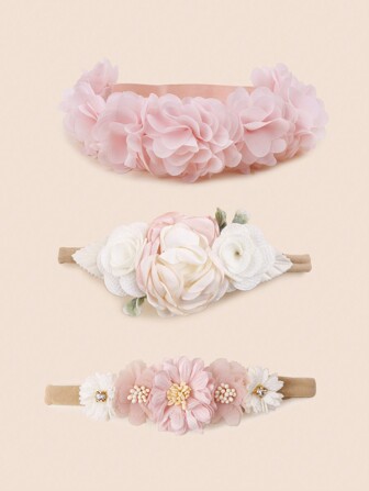 3 st Baby Girls Rosa solros och rosa spets pannband, elastiska hårband utan skador